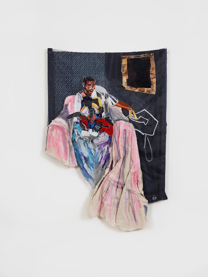 Chiffon Thomas, A mother who had no mother, 2018. Embroidery floss, acrylic paint, and canvas on window screen, 57 x 44 1/2 in. © Chiffon Thomas